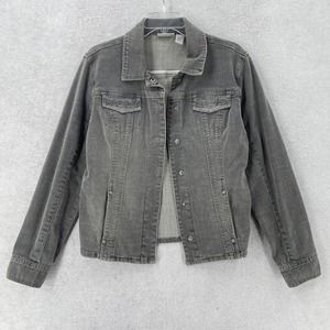 Chicos Platinum Denim Jacket Womens‎ Size 1 (10) Gray Studs Long Sleeve Jewel